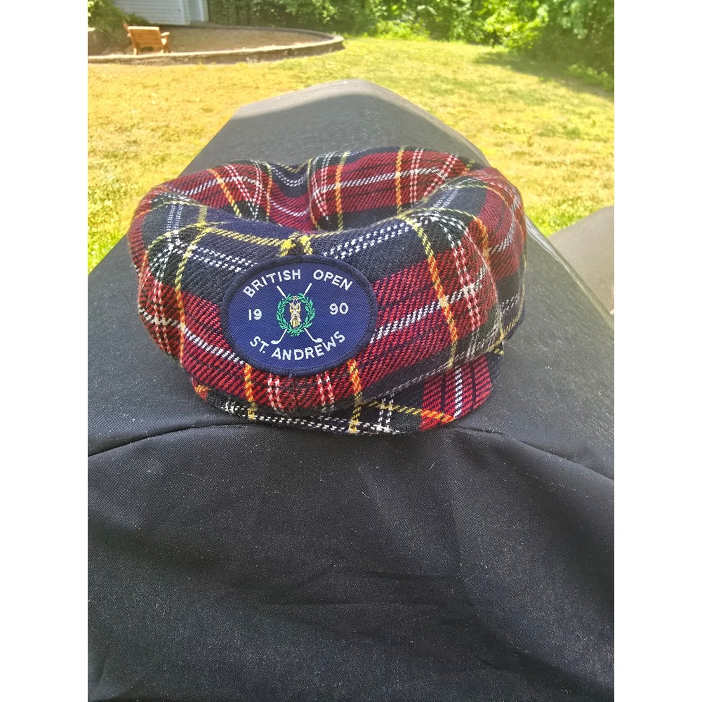 Vintage Tom Morris St Andrews 1990 British Open Plaid Flat Cap Hat Mens 7‎ 1/2